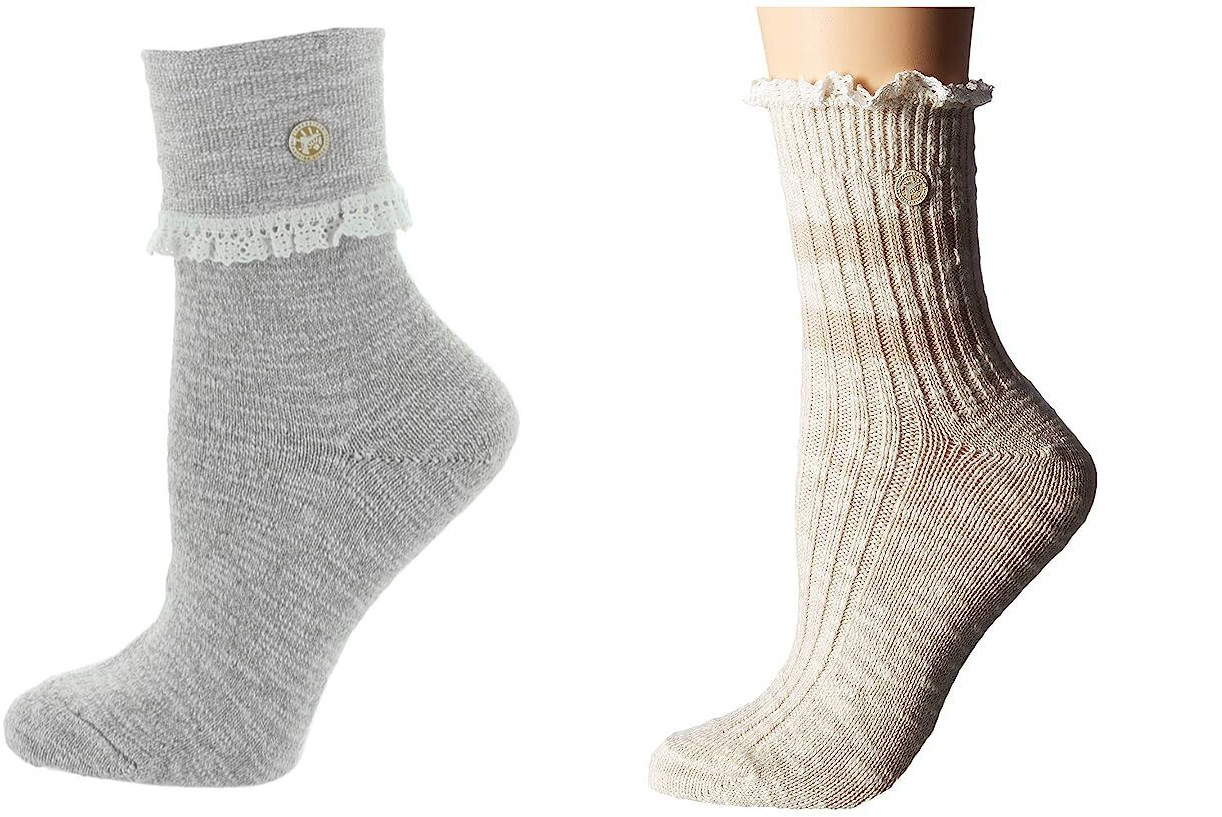 BIRKENSTOCK WOMEN’S COTTON BLEND SLUB LACE CREW SOCKS BEIGE MELANGE, LIGHT GRAY