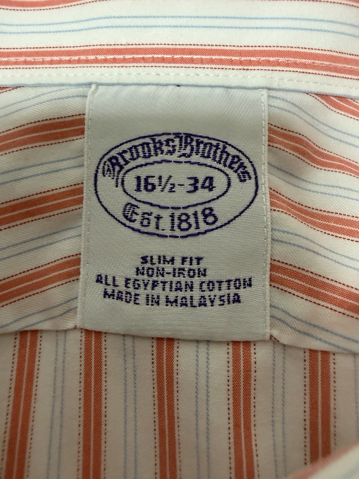 Men’s Brooks Brothers 16.5/34 Dress Long Sleeve Striped Coral Pink White Blue