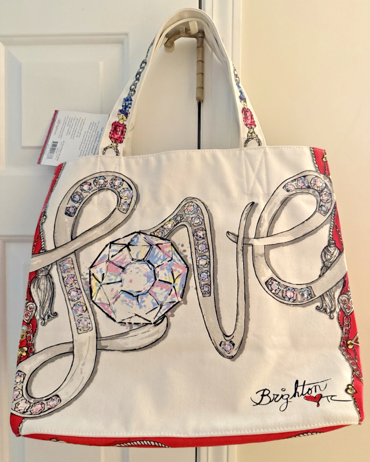 Brighton All That Glitters Canvas Tote Bag Tom Clancy Red Love Heart Jewels NWT