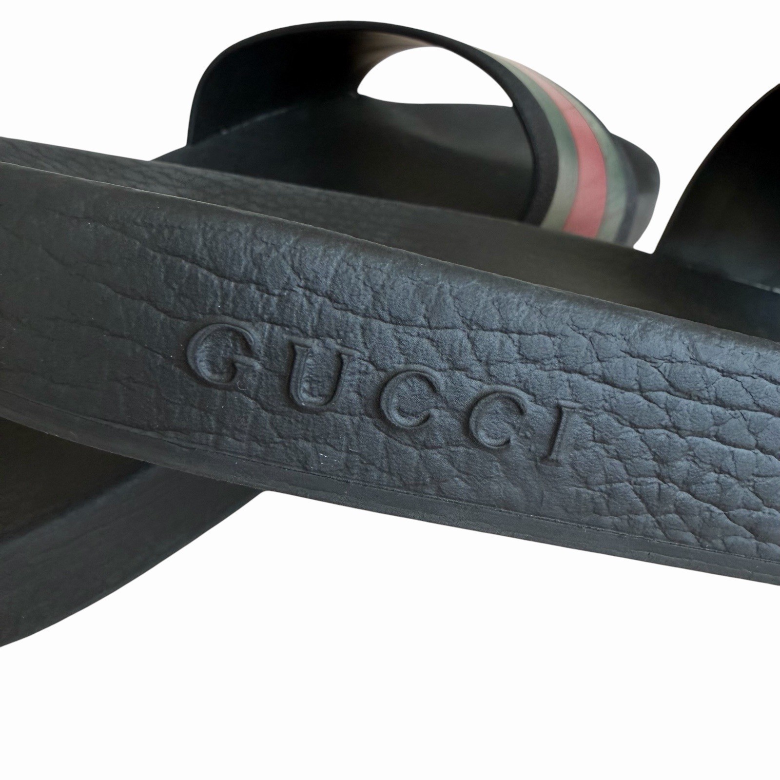 Gucci Web Rubber Slide Sandals Mens 9 Black Green Red Stripe Beach Pool READ
