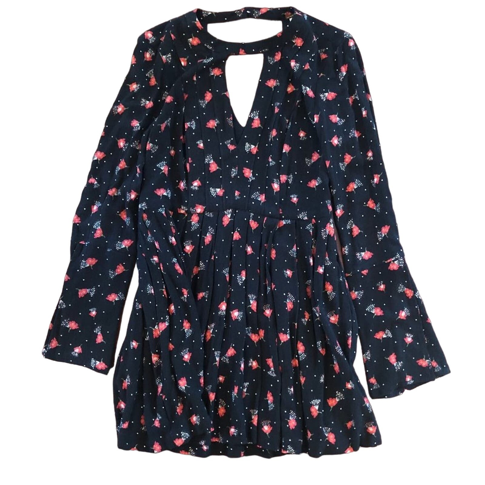 Free People Tegan Mini Dress Black Floral Red Cutout Long Sleeve 4