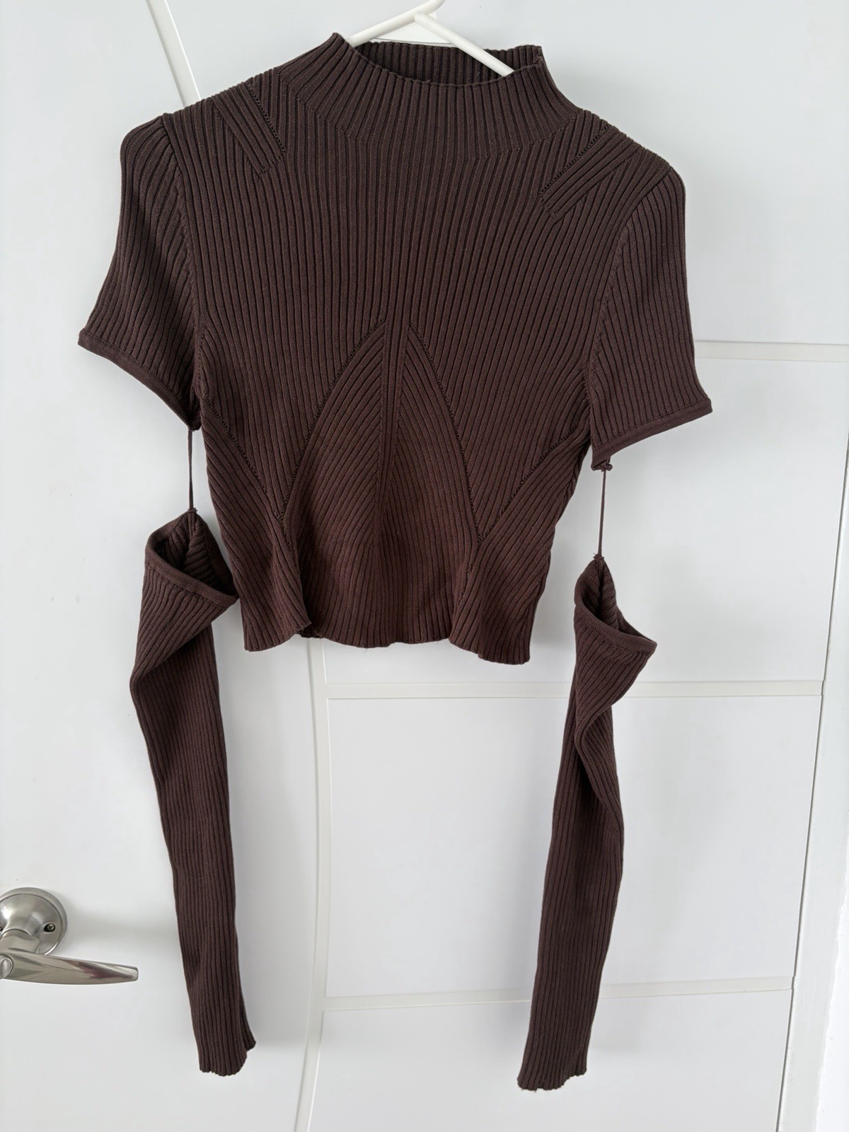 Brown Ribbed Crop Top Sweater With Removable Long Sleeves Cozy