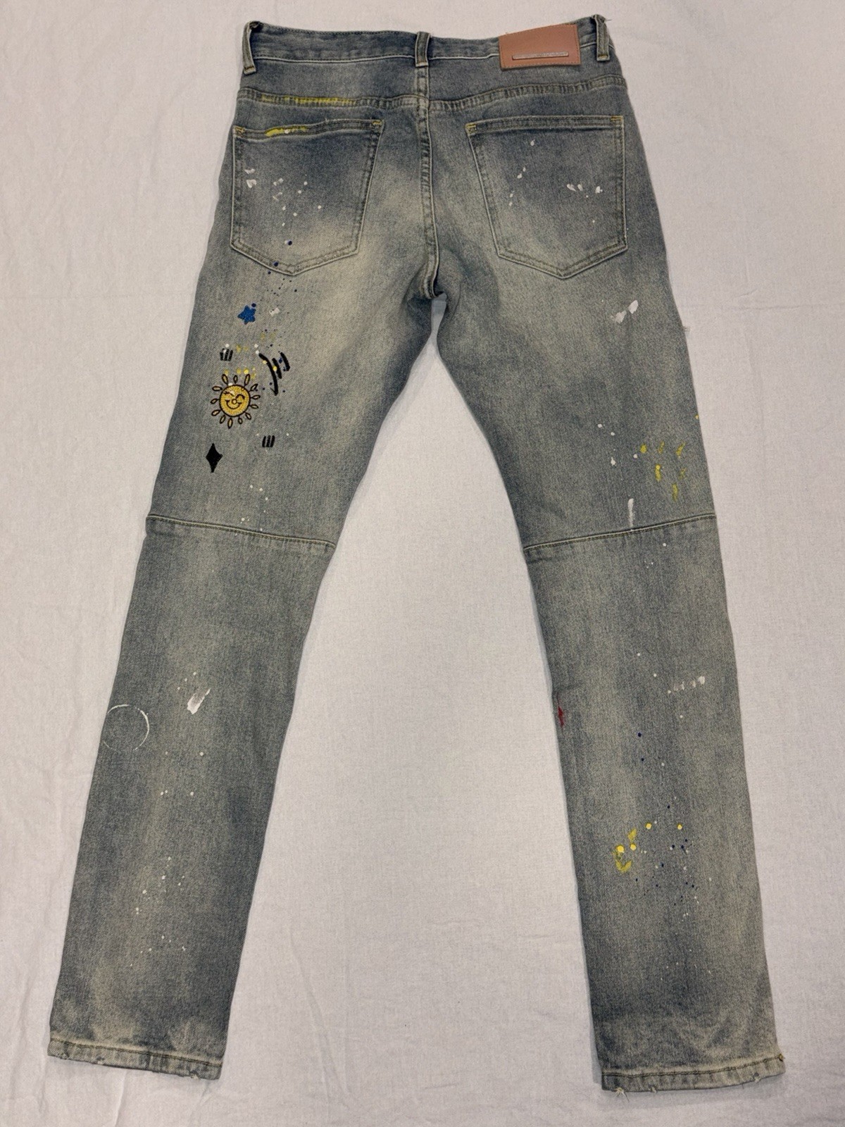 First Row Slim Straight Stretch Denim Jeans 30×32 Light Stone Tint Embroidered