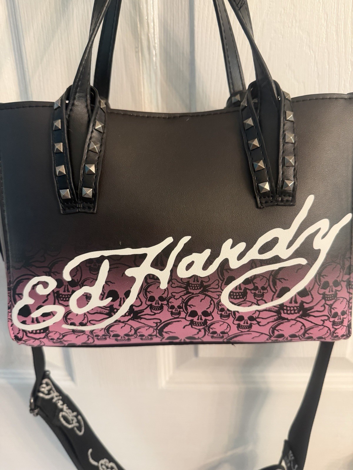 Ed Hardy Black and Pink Skull Shoulder Bag
