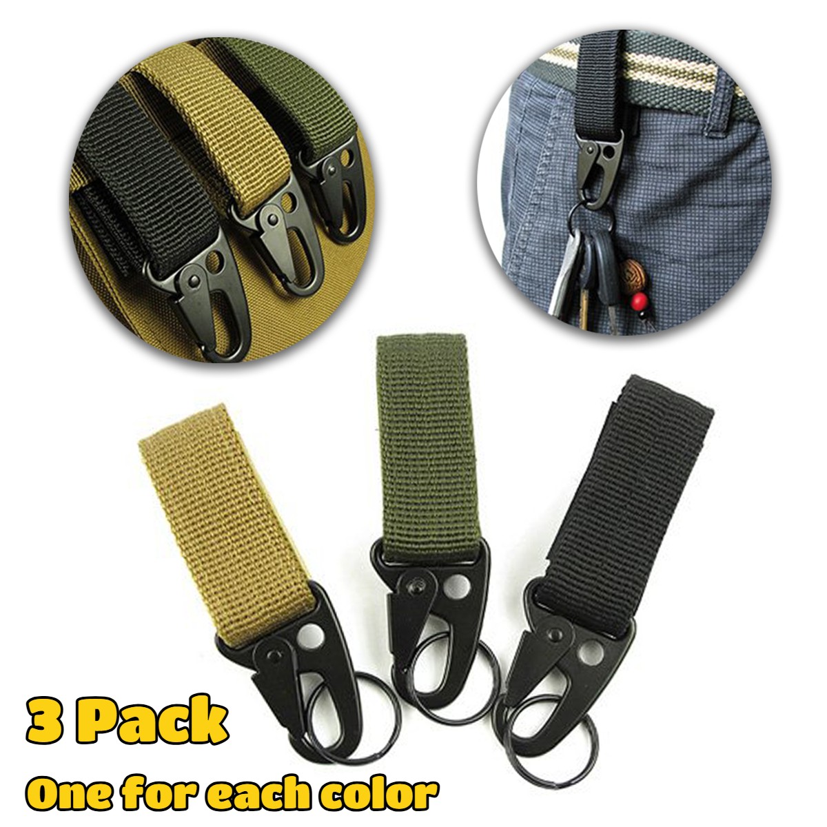 3 PCS Outdoor Webbing Buckle Hook Tactical Molle Key Ring Belt Holder Nylon Clip