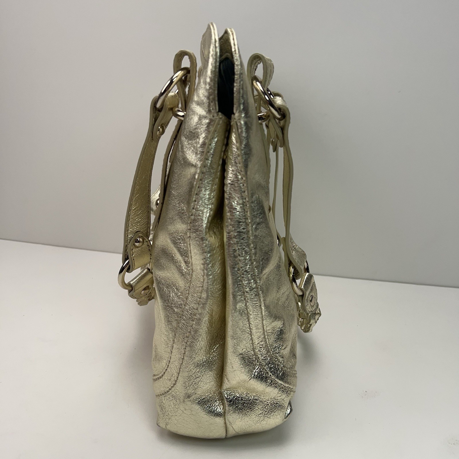 THE SAK Metallic Gold Leather Shoulder Purse Dividers Studded Hobo Handbag Bling
