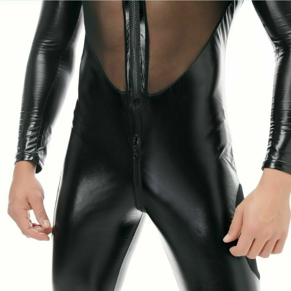 Men’s PU leather Mesh tight Bodysuit Lingerie Wet Look Shiny Long Sleeve Costume