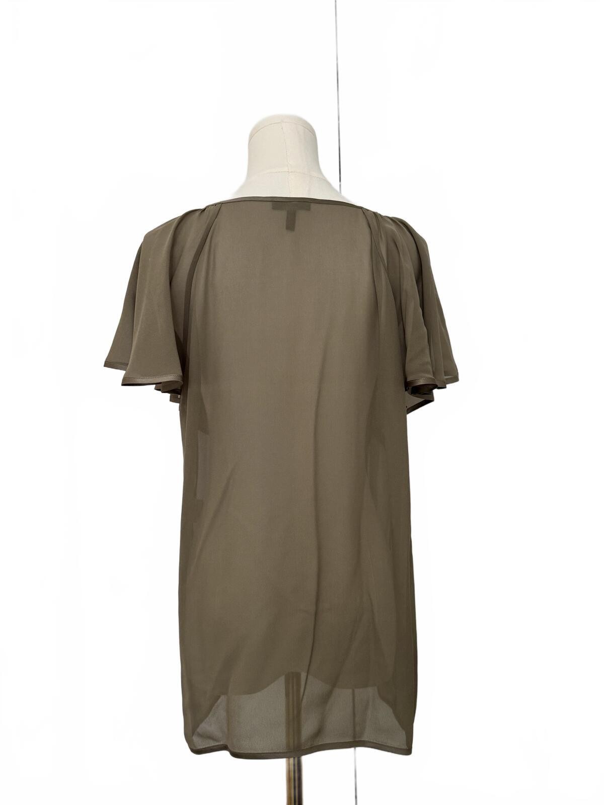 Escada Silk Sheer Olive Flutter Sleeve Tie-Neck Blouse
