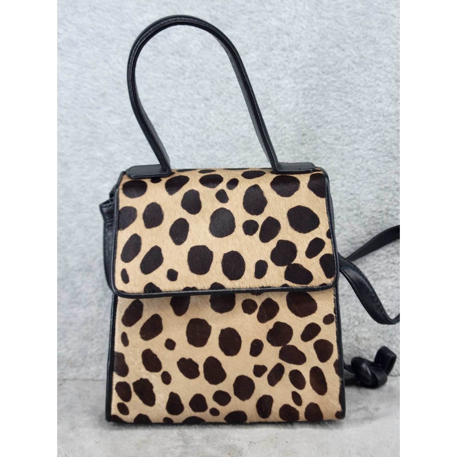 Carlos Falchi Animal Print Calf Hair Leather Crossbody Handbag Black Tan Brown