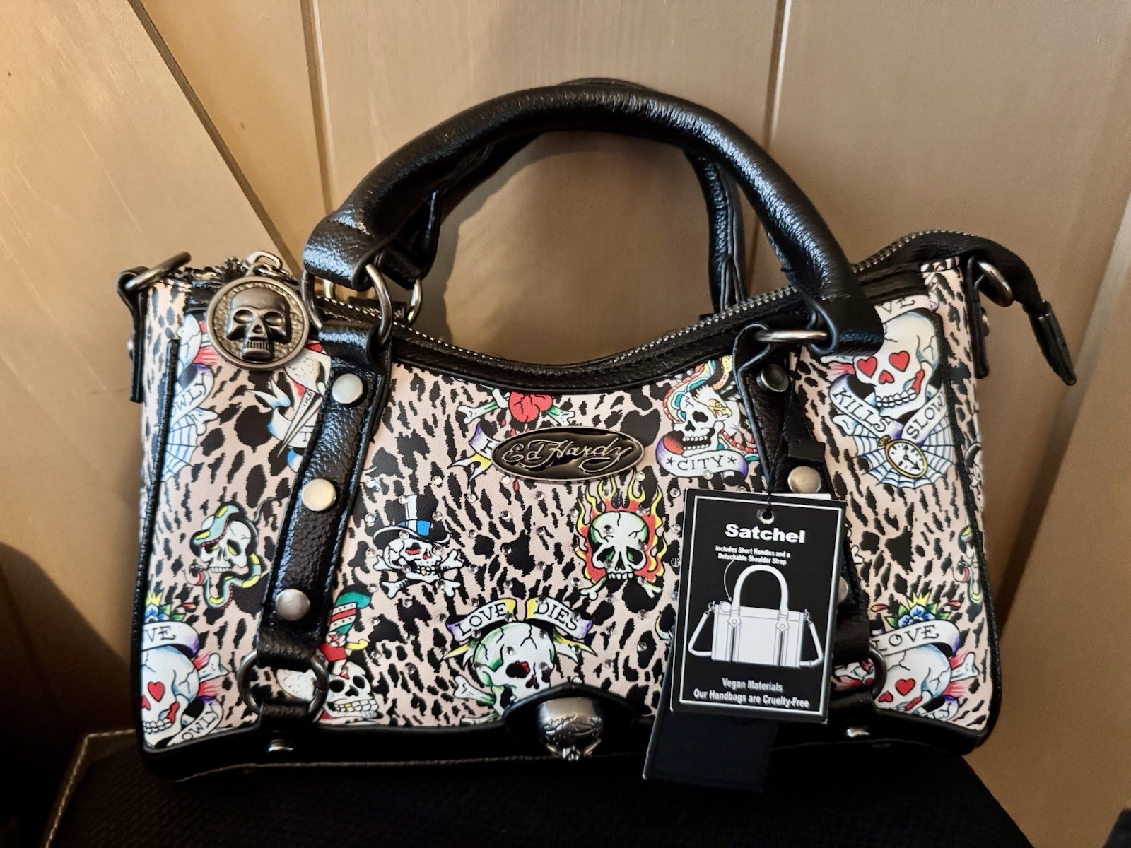 Ed Hardy Leopard Skull Satchel Top Handle Bag Medium Zip Studded Charm