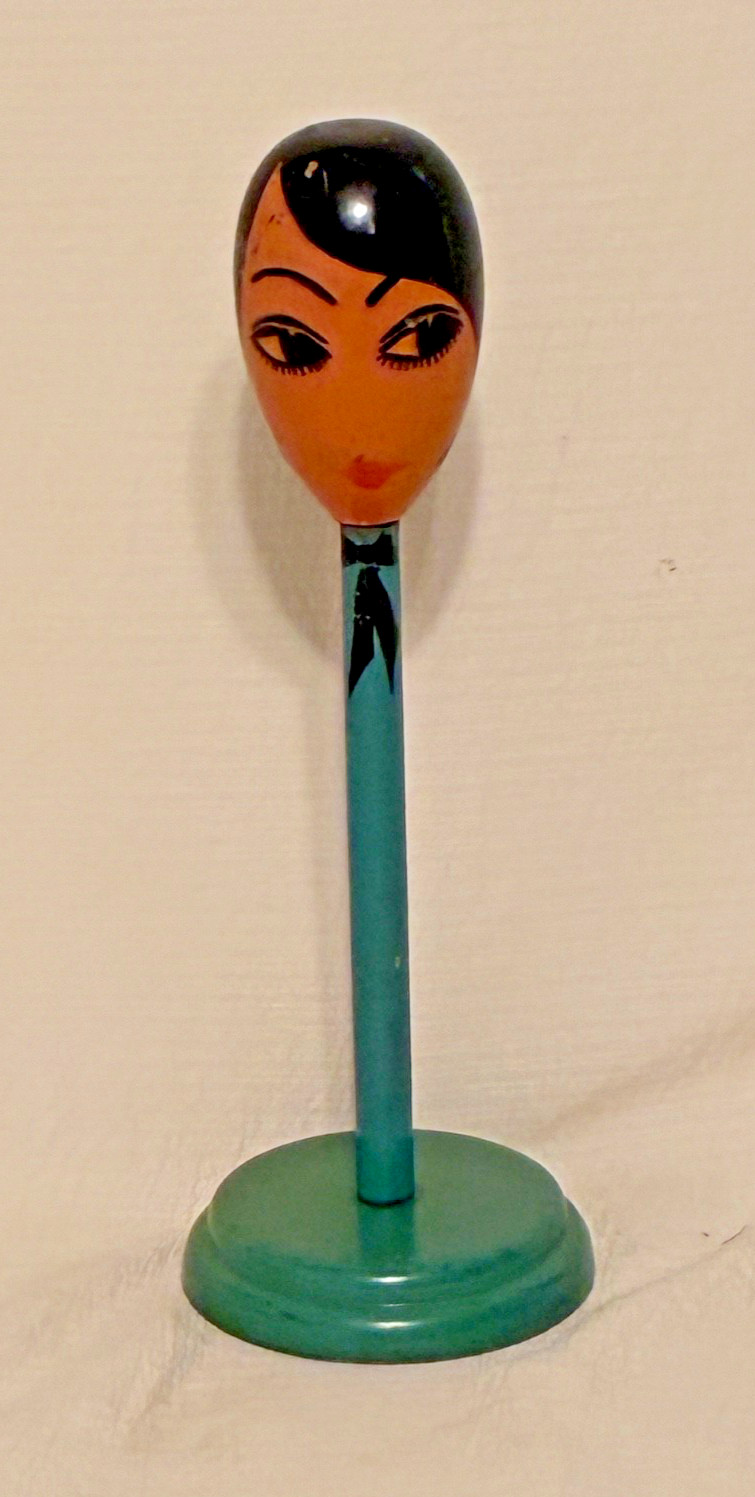 Fantastic Antique Hat Wig Stand Hand Painted Wood Lady Face ~ 12.75″ ~ 1920’s