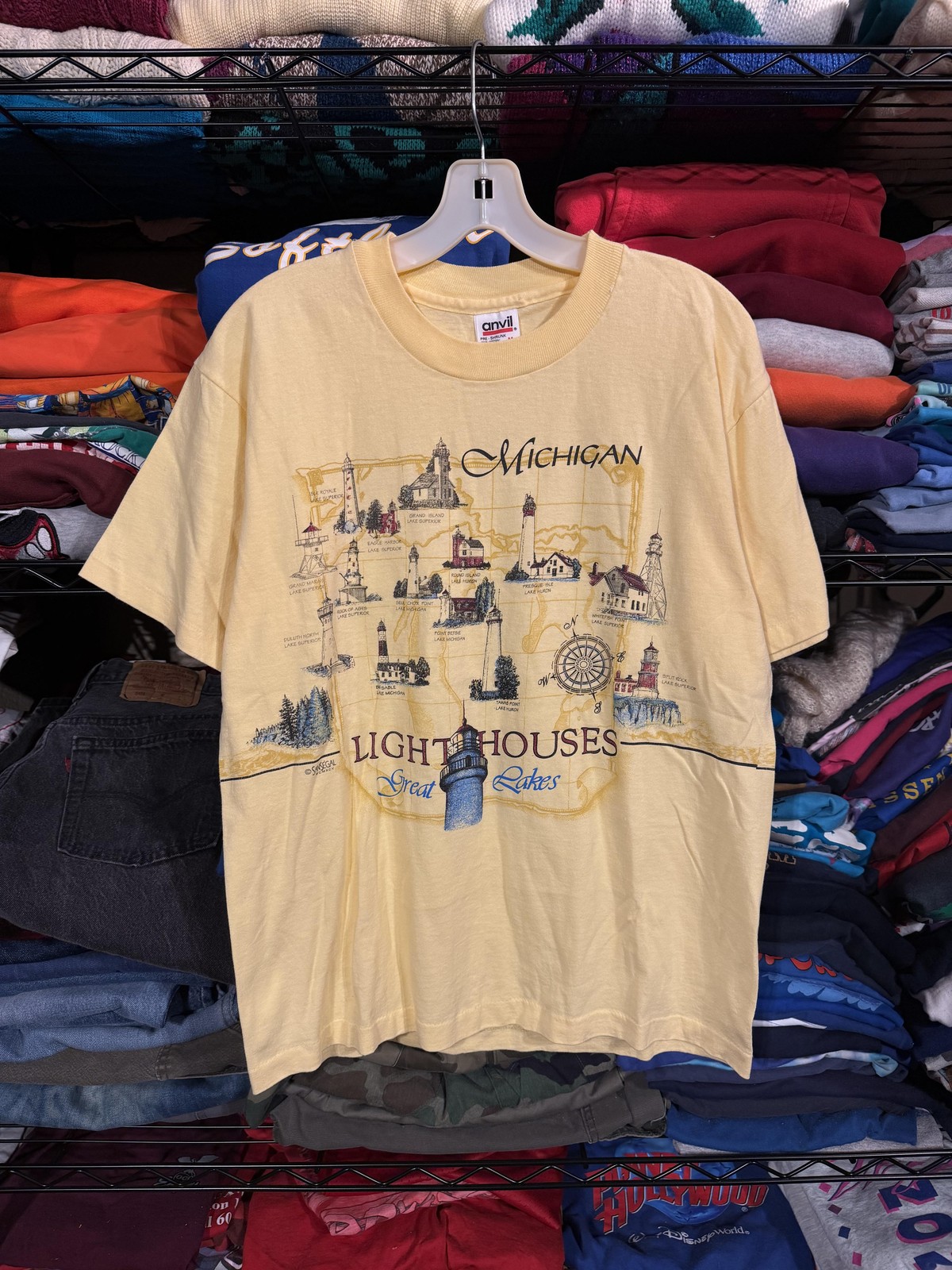 Vintage Michigan Lighthouses Shirt Mens Medium Yellow Anvil USA 90s Tee