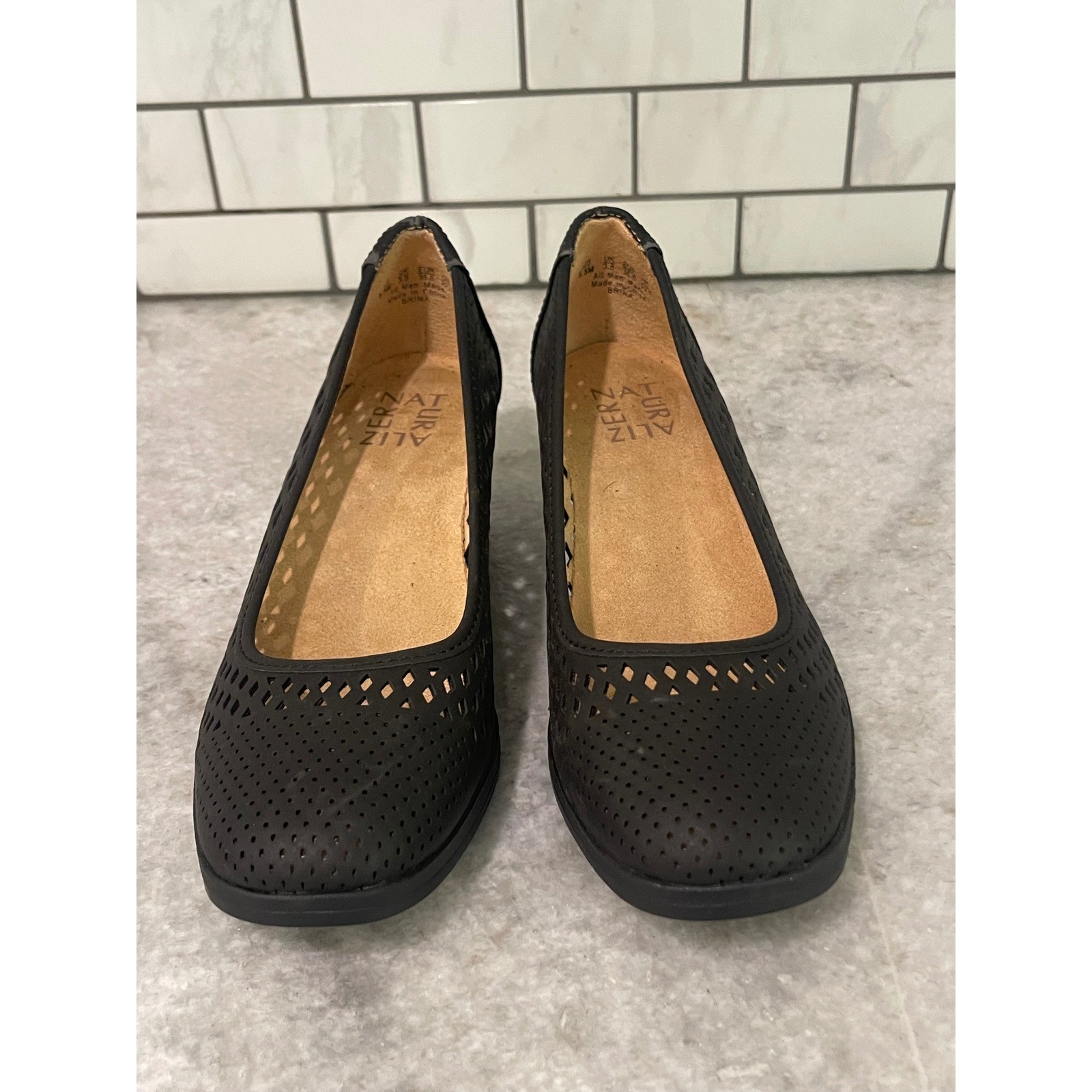 Naturalizer Wedge Pumps Womens 5.5M Black Brina Laser Cut Perforated Slip On