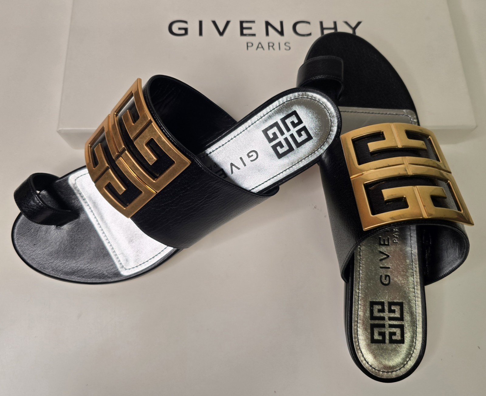 Givenchy 4G Logo Sandals Black Leather Gold Tone Hardware Women’s EU 38