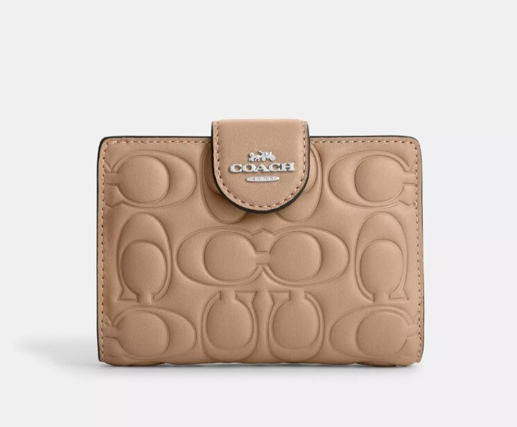 💝NWT COACH MEDIUM CORNER ZIP WALLET W/ SIGNATURE LEATHER In TAUPE/ SILVER CM241