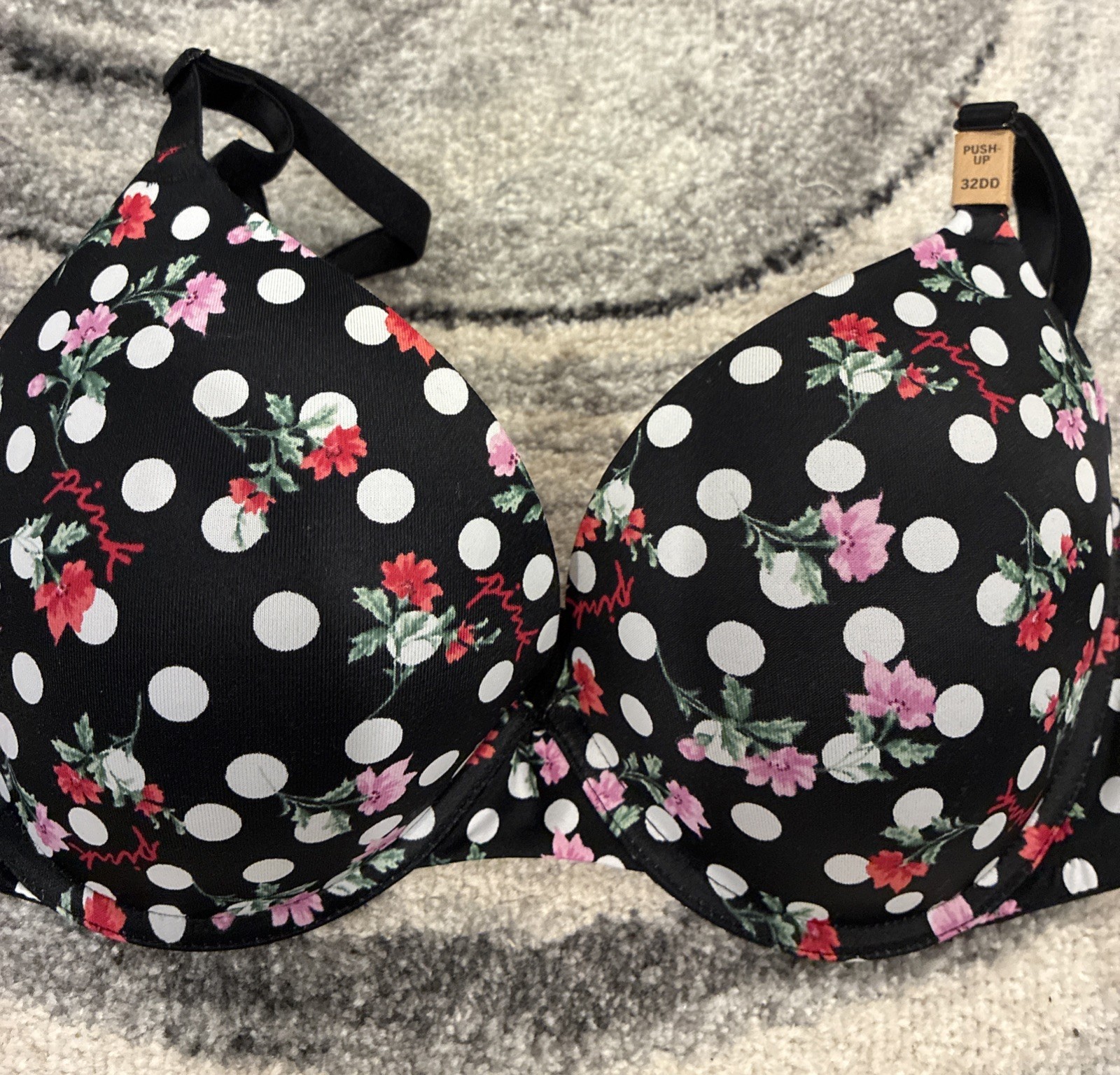New PINK Victoria’s Secret Bra 32DD Logo Dots Flowers Pushup Bombshell NWT