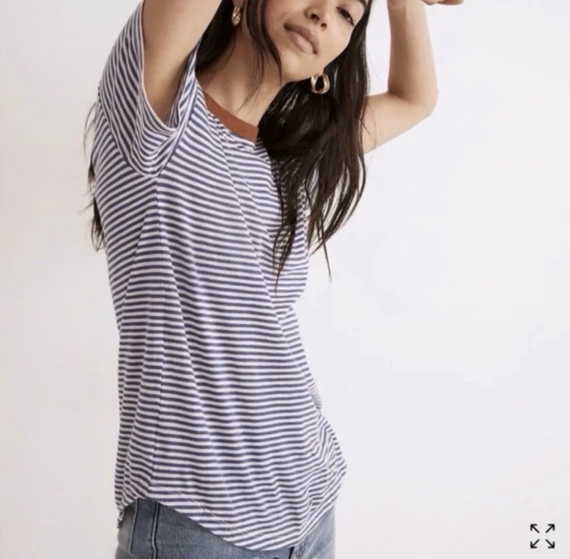 Madewell Navy and White Striped Tee with Brown Trim