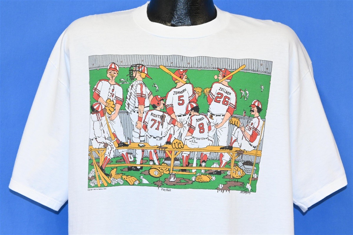 vintage 90s PLAY BALL BRUCE JOHNSON BASEBALL CARTOON FUNNY JOKE HUMOR t-shirt XL