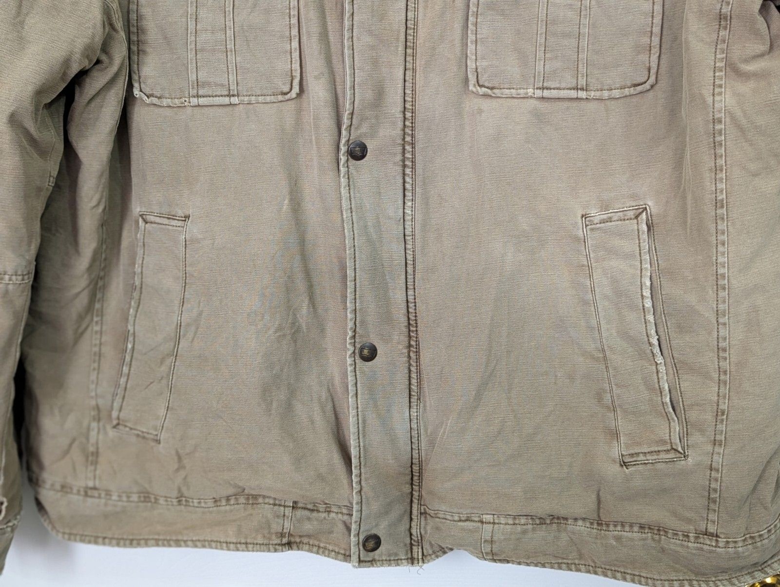 Levis Utility Jacket Mens XXL Beige Canvas Zip Snap Quilted Lined Distressed