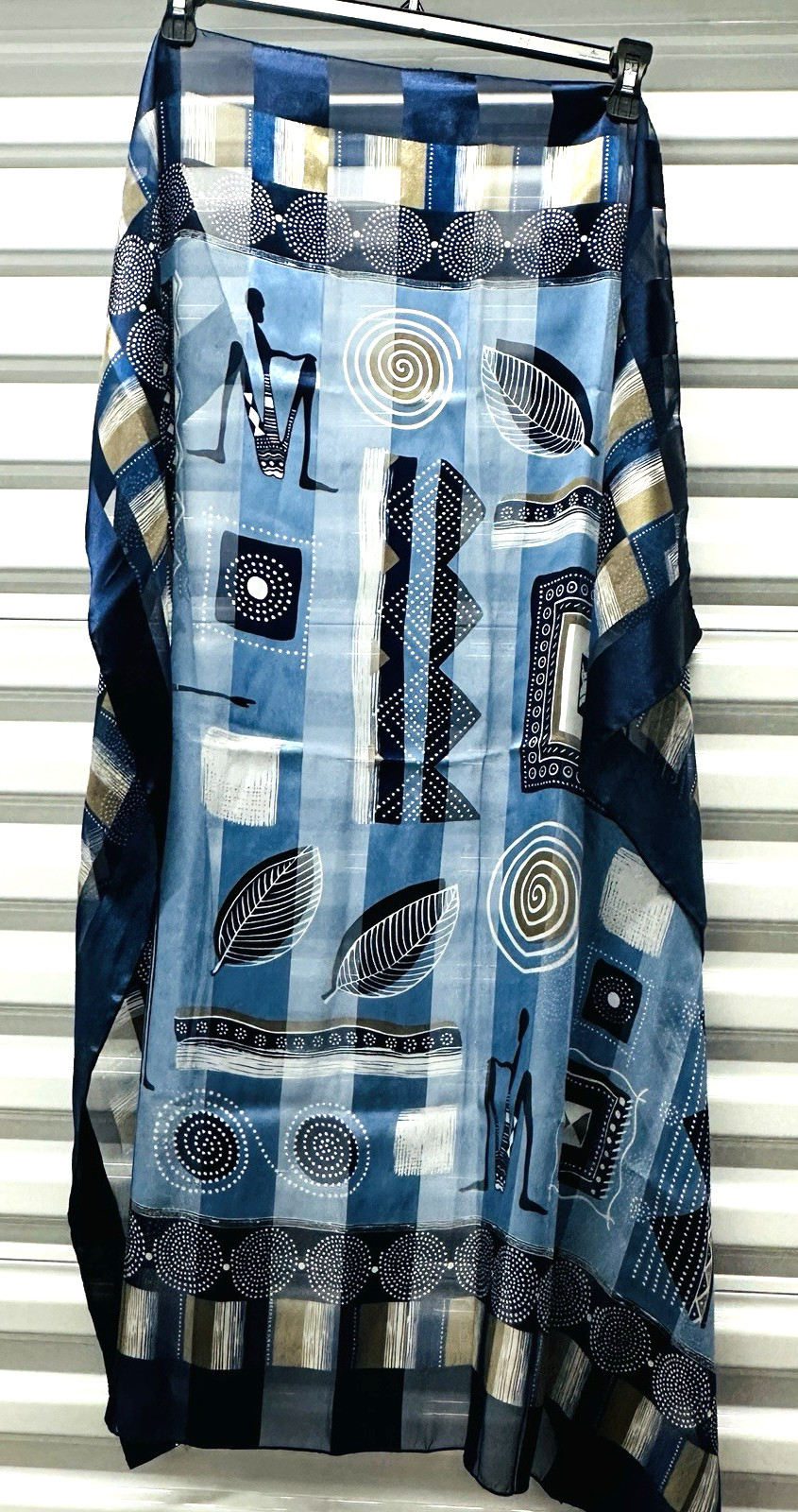 Vintage Ancient Egypt Style Scarf Wrap Blue Geometric Art Print Pyramids 40×38”