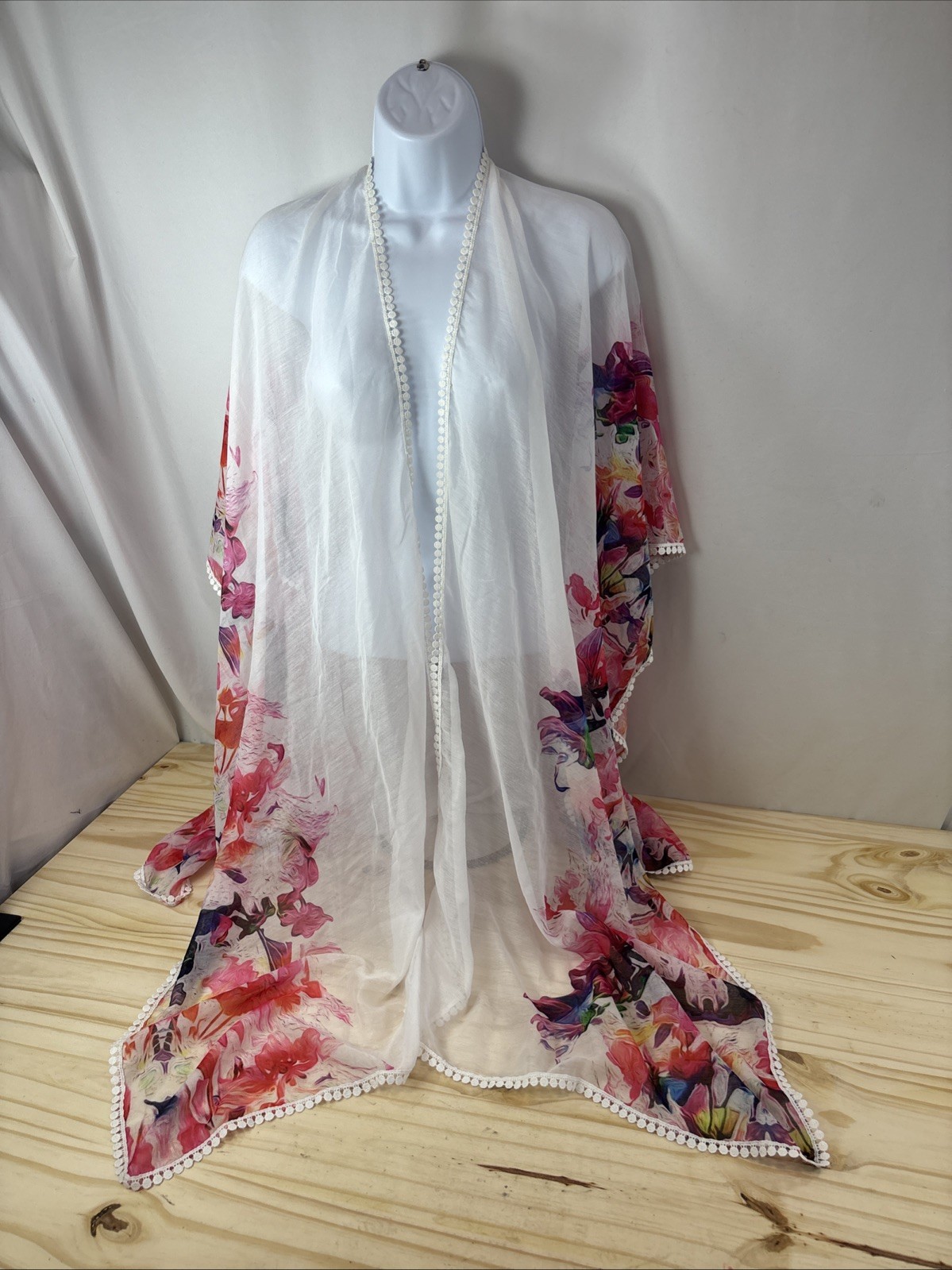 Womens Sheer Floral Kimono Cover Up White Watercolor Open Front Beach Swim OS