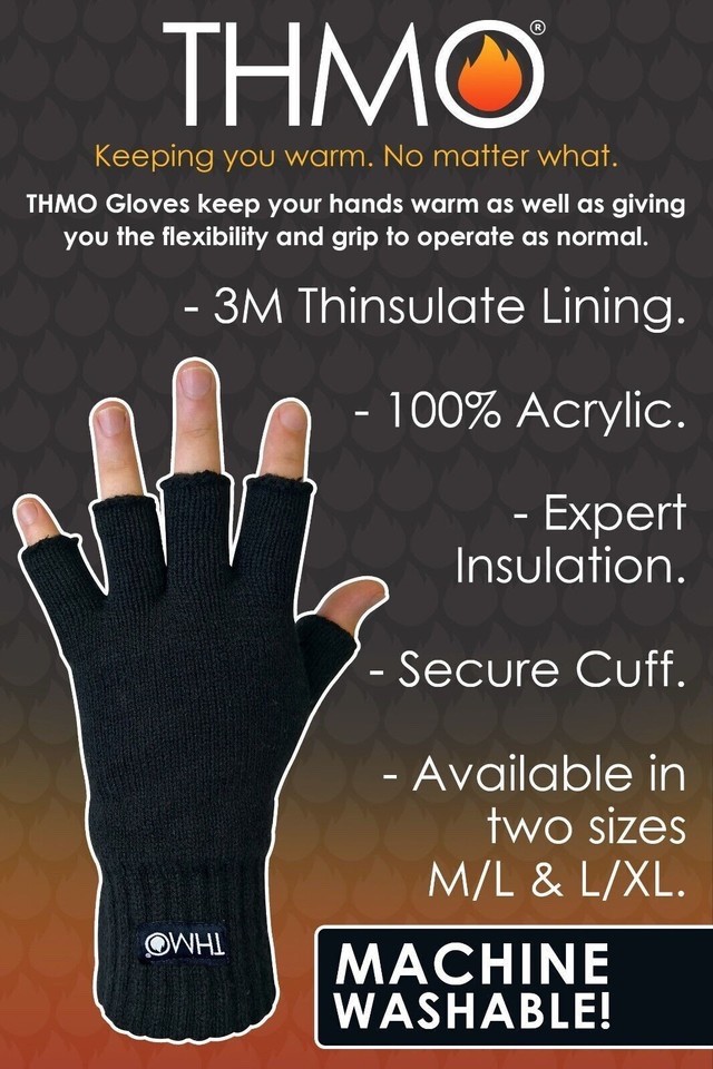 THMO – Mens Black 3M Thinsulate Insulation Lined Fingerless Gloves