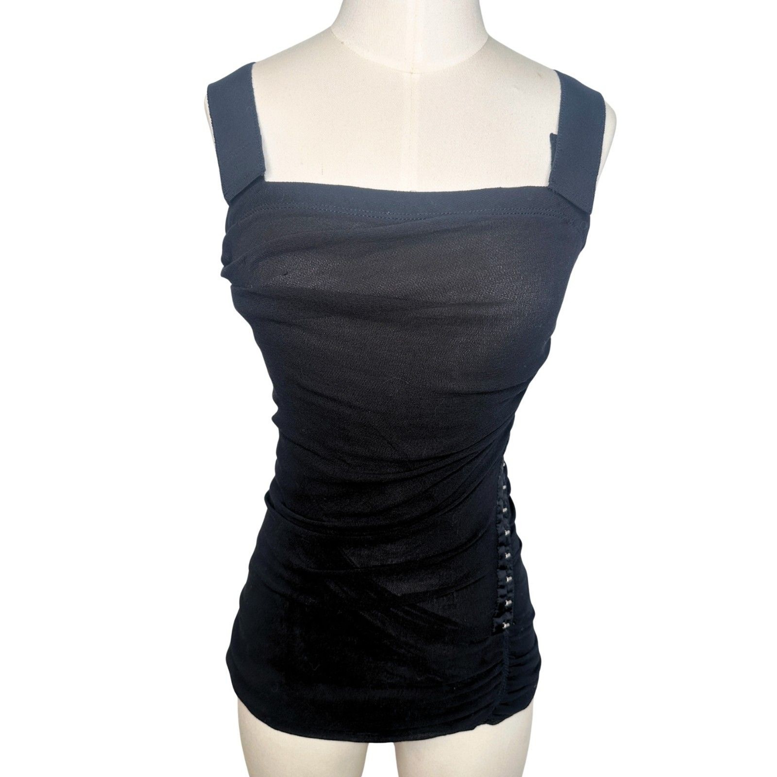 D&G Ruched Mesh Corset Tank Top Y2K Italy Black Grosgrain Straps XXS/XS
