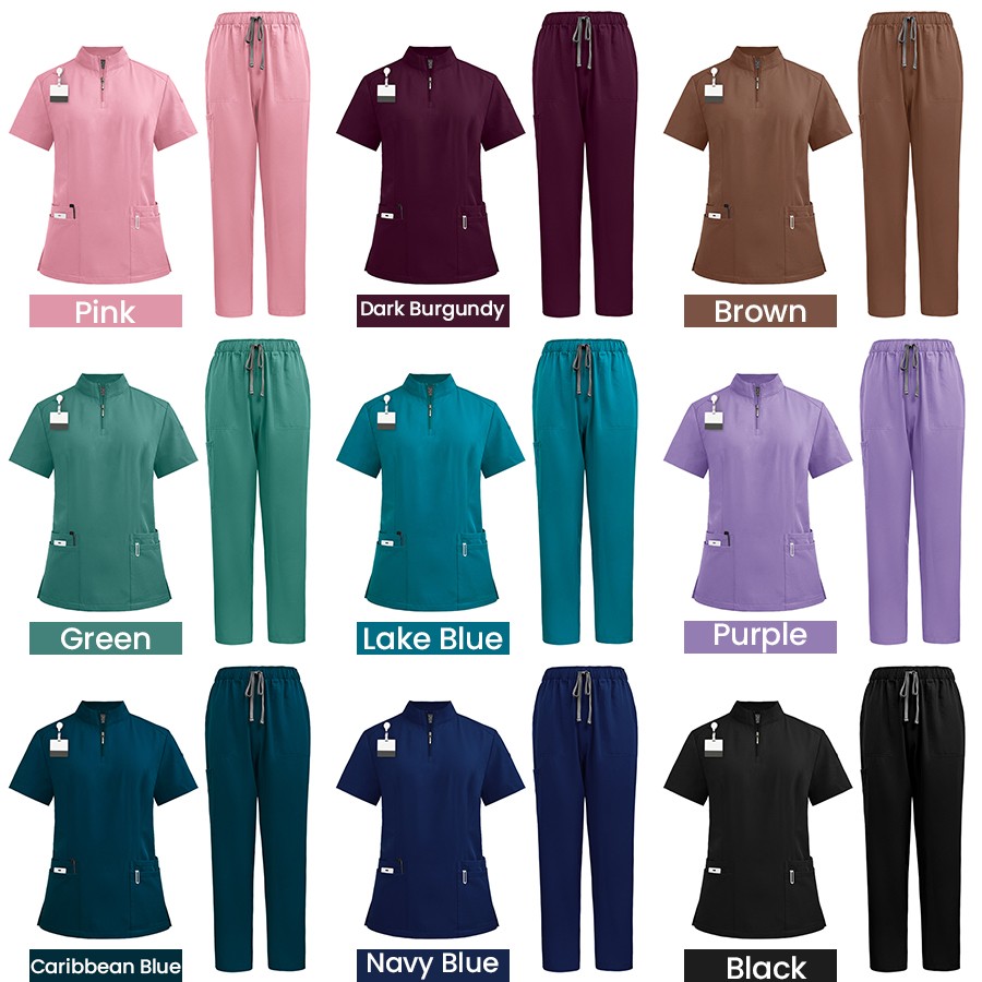 Medical Nursing Scrub Uniform Set Zipper-Tops Straight-Pants for Hospital Clinic