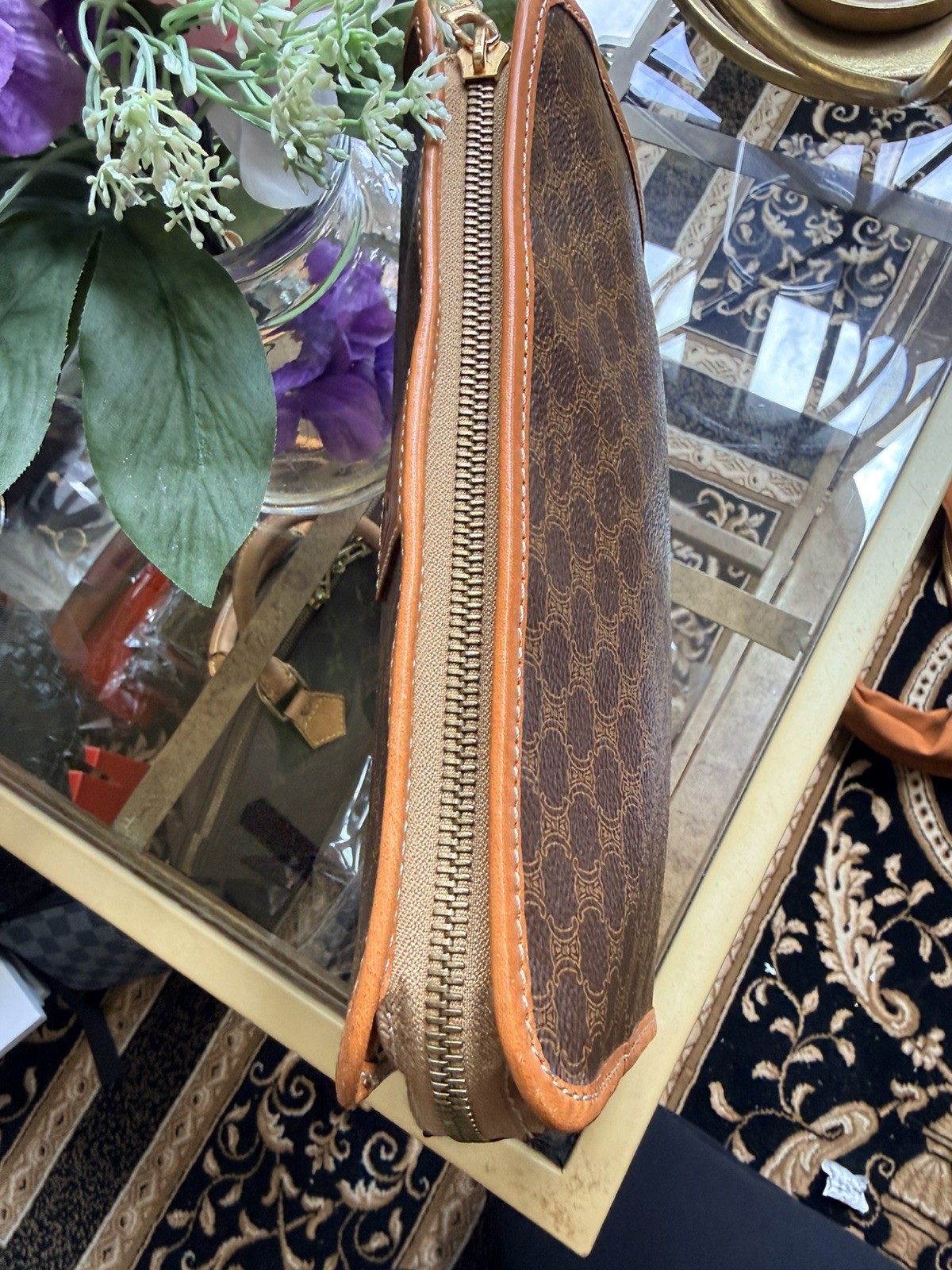 Vintage Celine Macadam Zip Clutch Brown Canvas Leather
