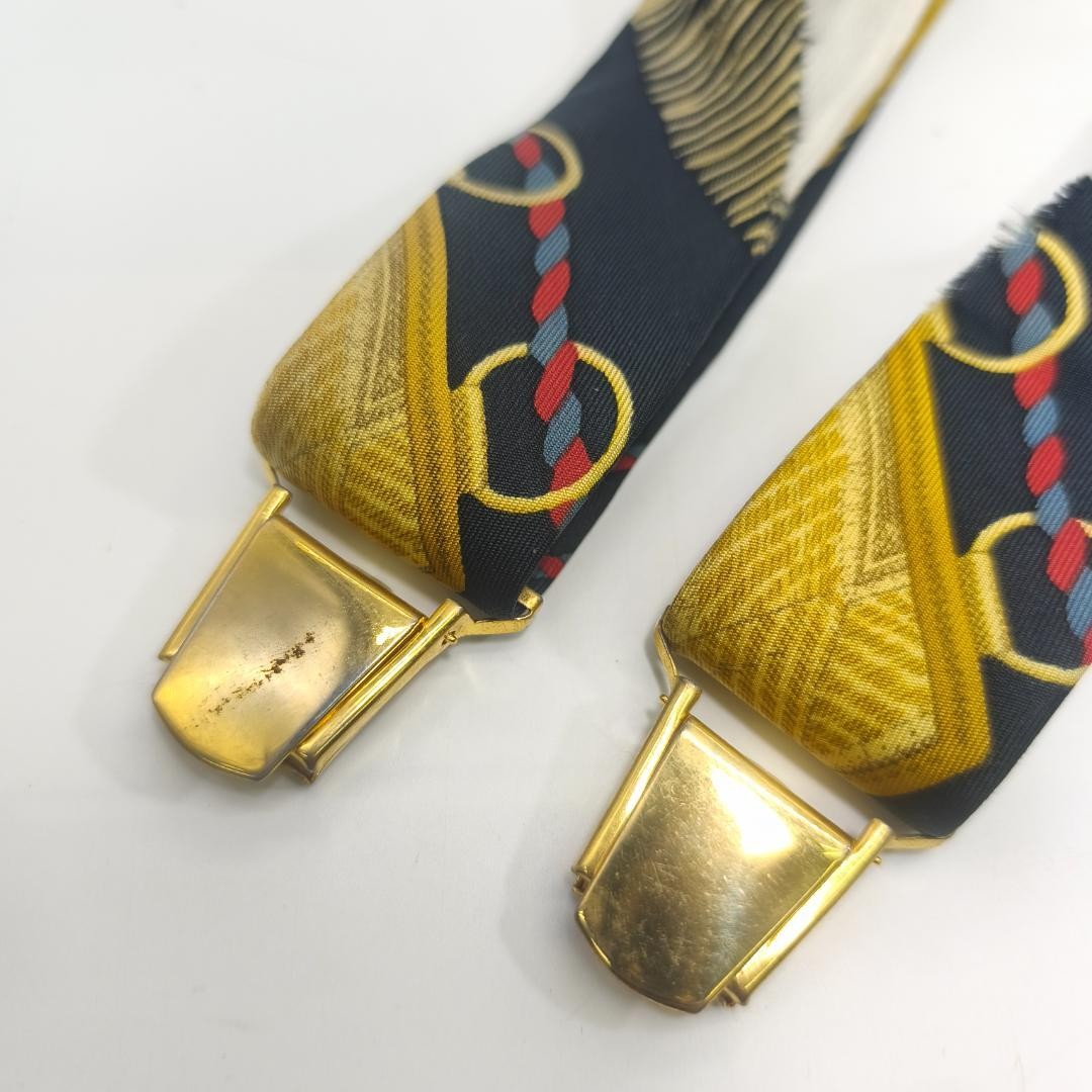 Hermes Paris Silk Suspenders Black Multicolor All Over Pattern Length 82cm w/Box