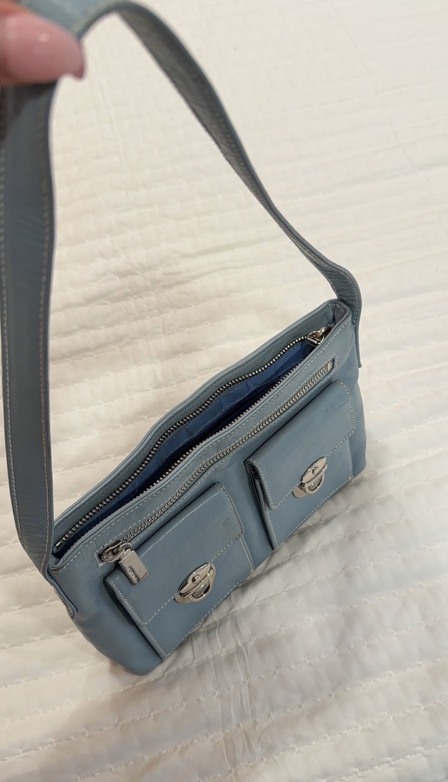 Perlina Vintage Light Blue Shoulder Bag Silver Hardware Turn Lock Zipper Accents