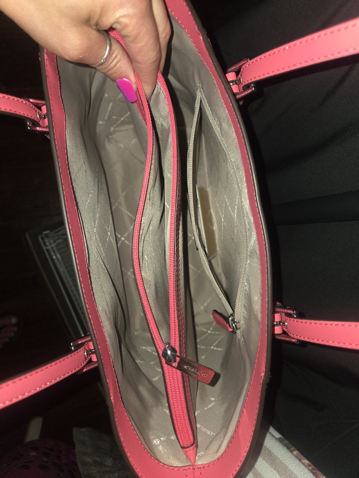 Michael Kors Pink Monogram Tote Bag Zip Closure Double Handles, Lined Pockets