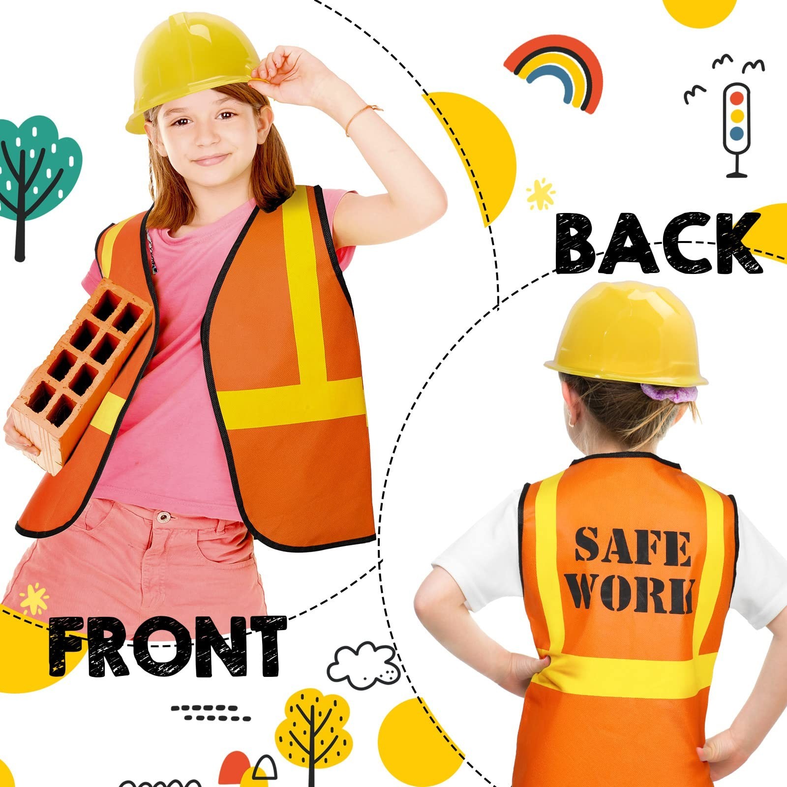 Kids Construction Worker Costume Set – Vests, Hats for Birthday Party & Hallowee