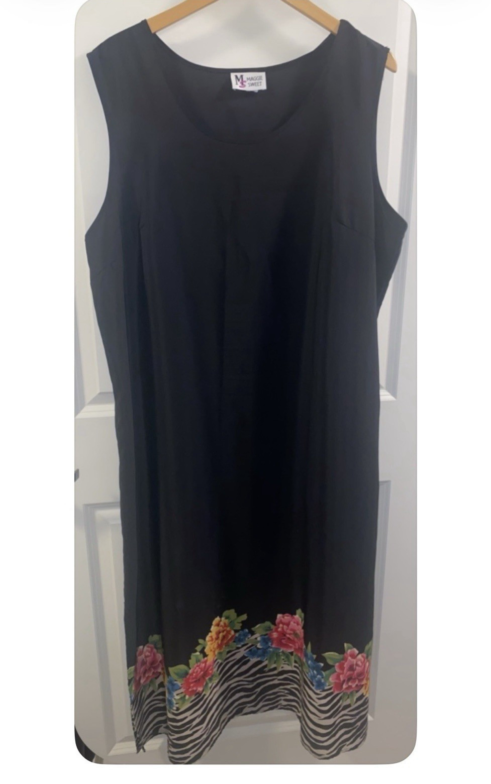 Vintage Maggie Sweet 2XL Black Midi Shift Dress Sleeveless Floral Zebra Slit 90’