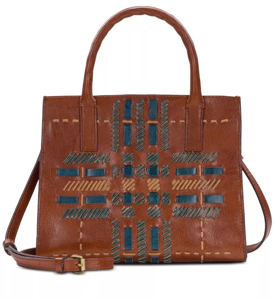 New Patricia Nash Woven Plaid Mozia Satchel Toast Gold Plaid Leather suede Bag