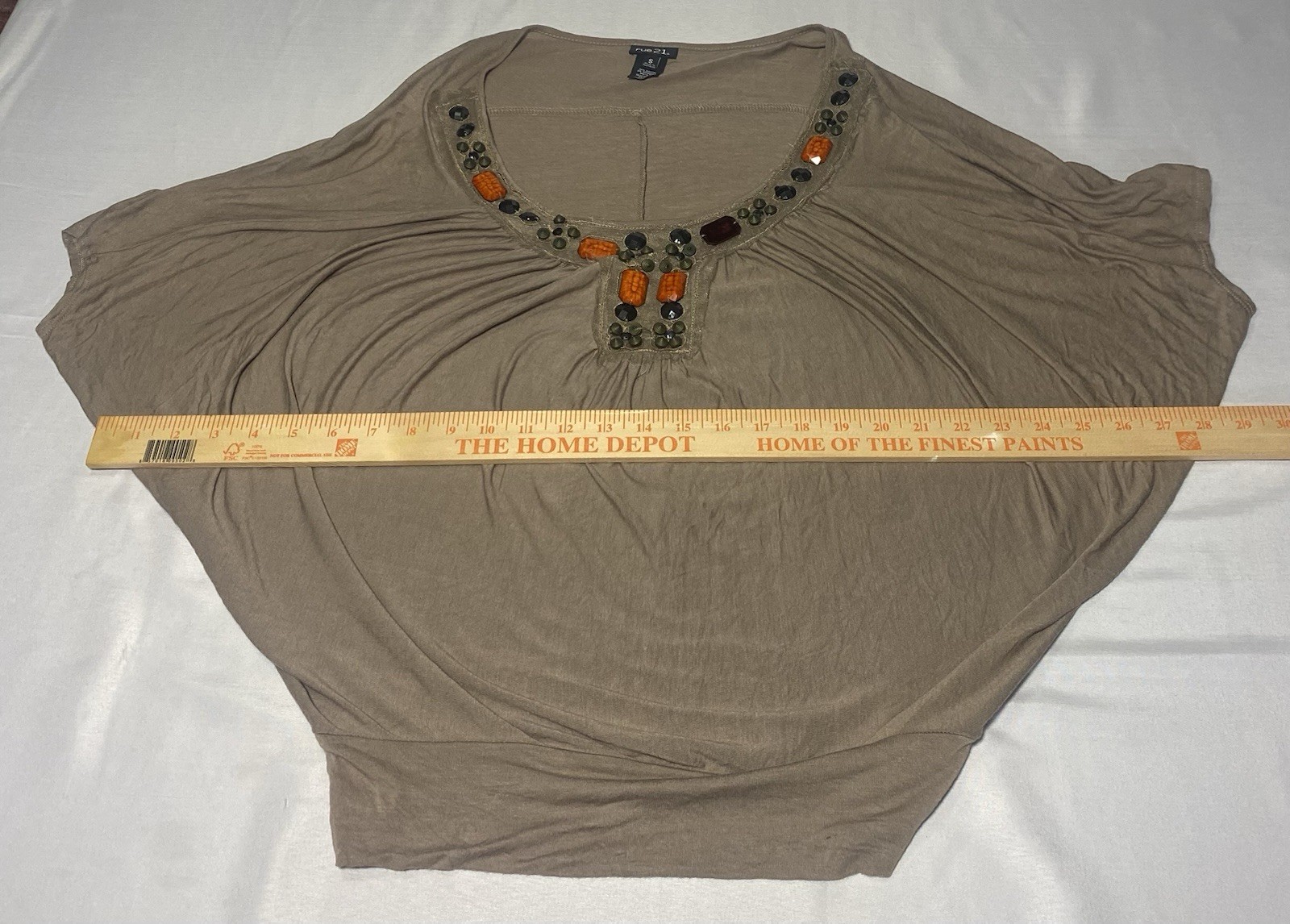 Rue21 Womens Small Beaded Dolman Batwing Top Taupe Boho Rayon Stretch