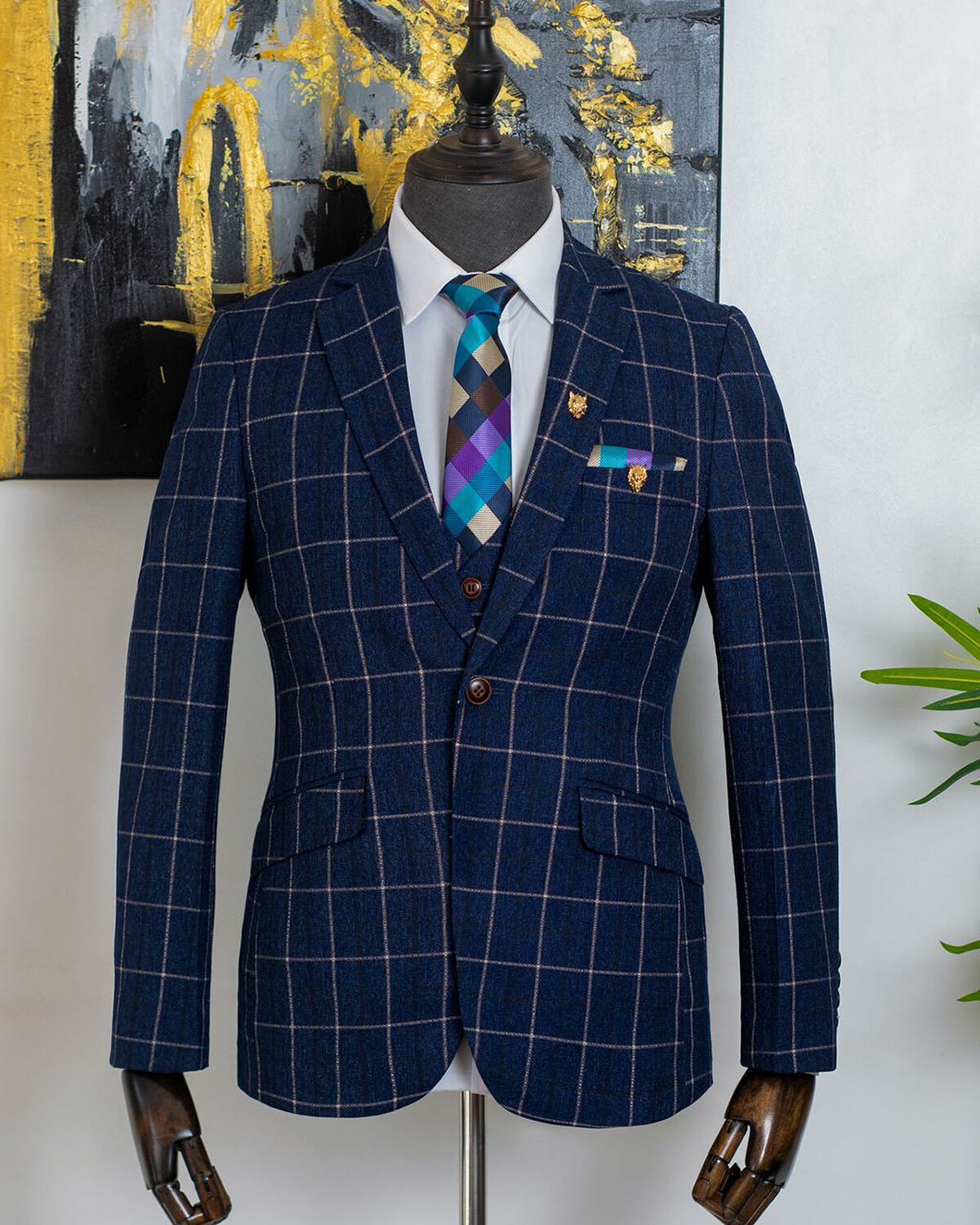 Checked Men Suits Single Breasted Notch Lapel Prom Groom Tuxedos Regular Fit