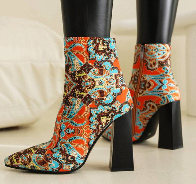Retro Floral Women’s Pointed Toe Chunky Heels Side Zip Ankle Boots Fashion Pumps