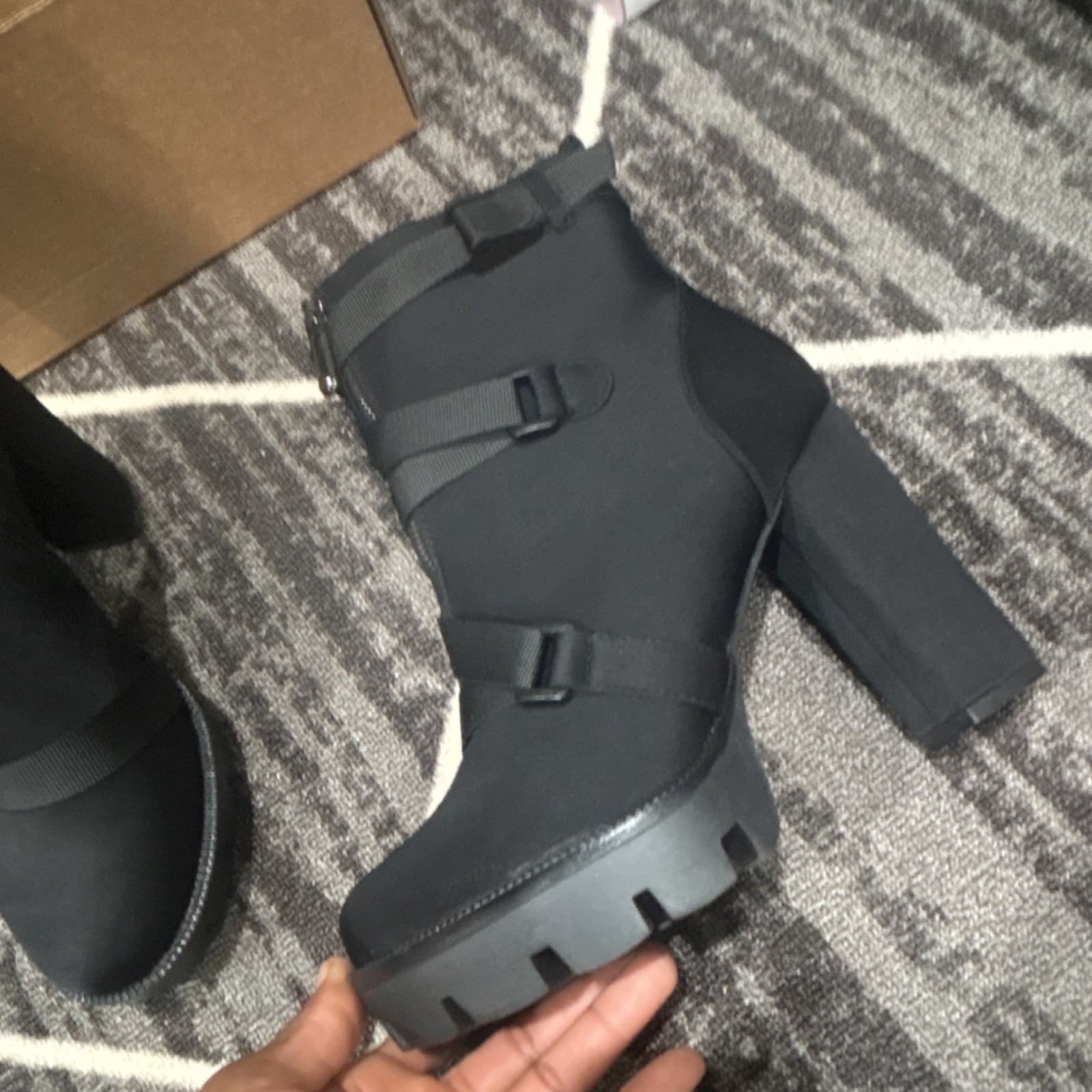 Women’s Black Ankle Booties Straps Zip Closure Round Toe Synthetic Rubber Sole
