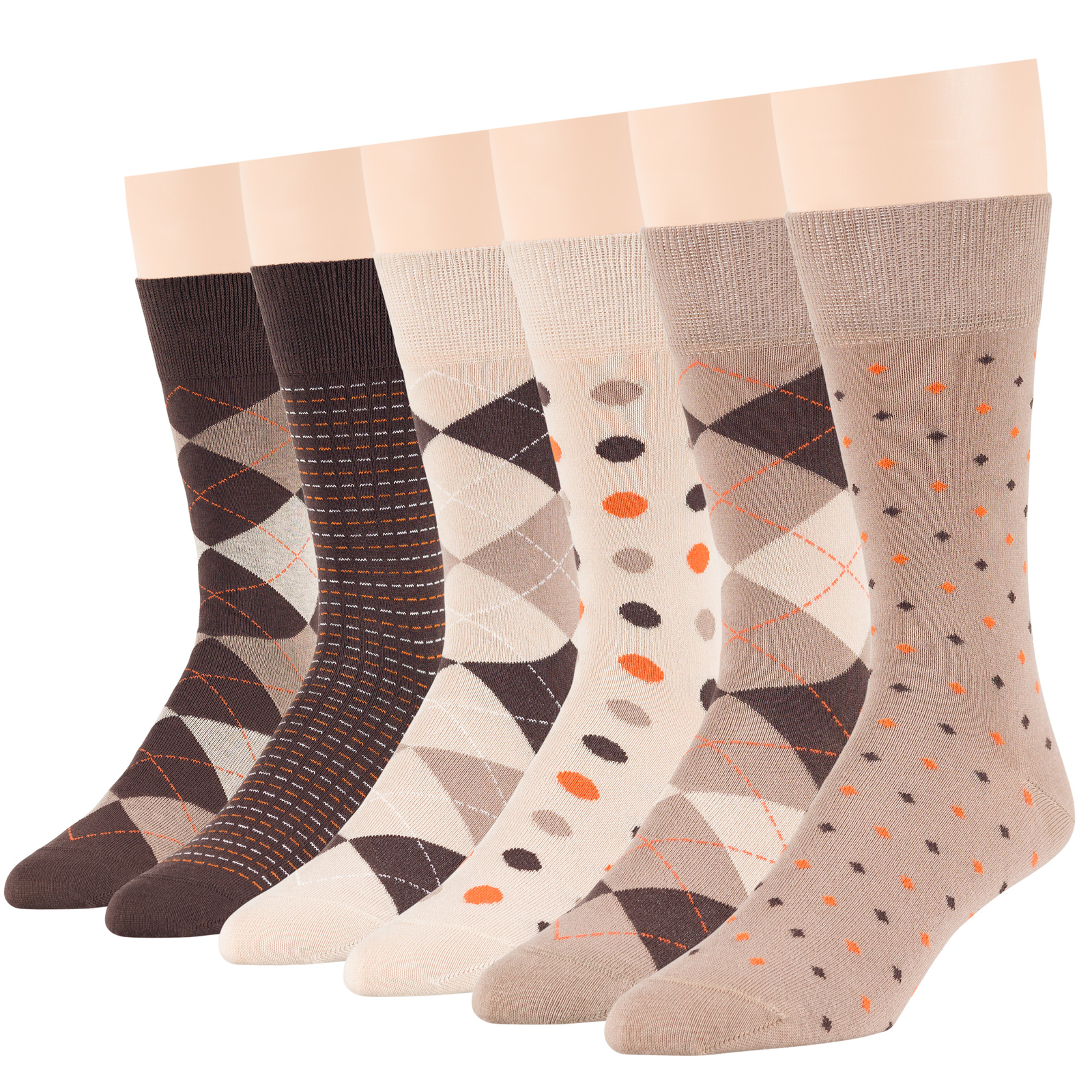 Men Cotton Dress Socks 6 Pack Large Argyle Polka Dot Stripes Beige Tan Brown