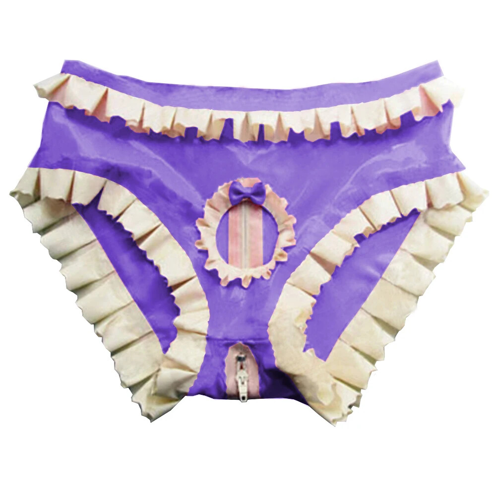Men’s Panties Wet Look PVC Leather Zipper Ruffled Cute Bowknot Briefs with Holes