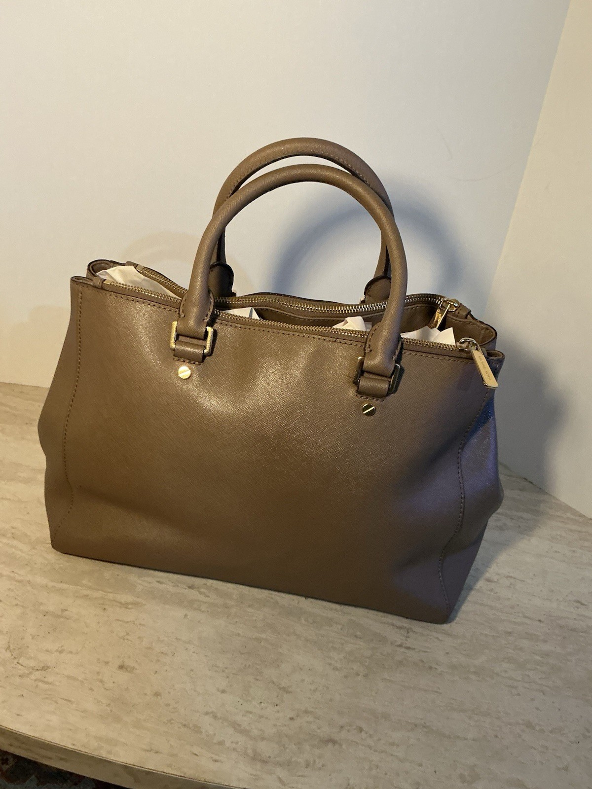 Michael Kors Savannah Large Saffiano Leather Satchel Taupe Crossbody Bag 14”