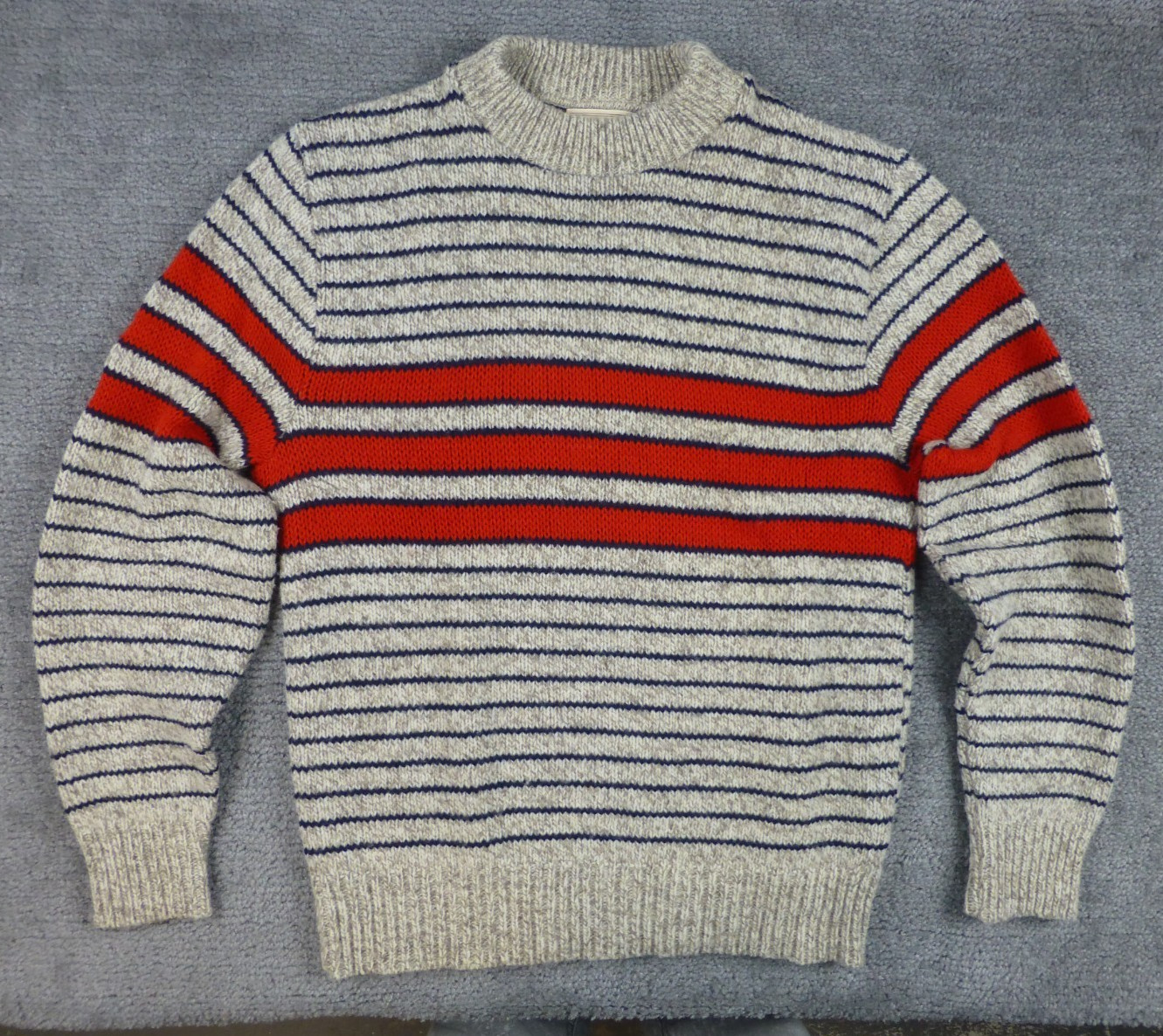 Vintage Joshua Sweater Wool Blend Stripe SZ Med Tan Brown Red Crew Neck Ragg