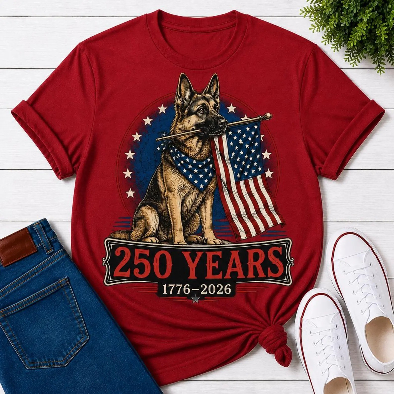 German Shepherd Patriotic 250 Years 1776-2026 USA Flag Dog Lover T-Shirt