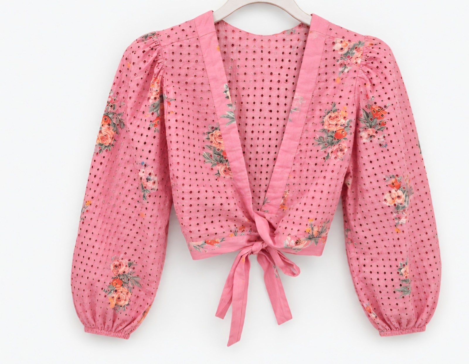 LoveShackFancy Kinza Crop Pink Eyelet Wrap Top Puff Sleeve Blouse Size S