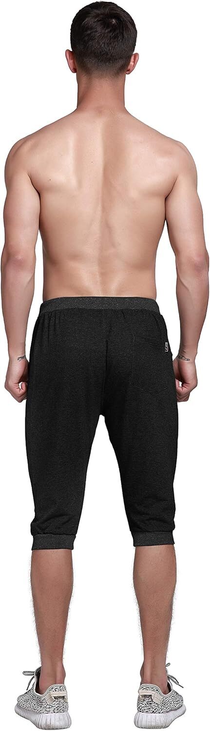 Men’s Cotton Casual 3/4 Jogger Running Capri Pants Below Knee 30, 01 Black