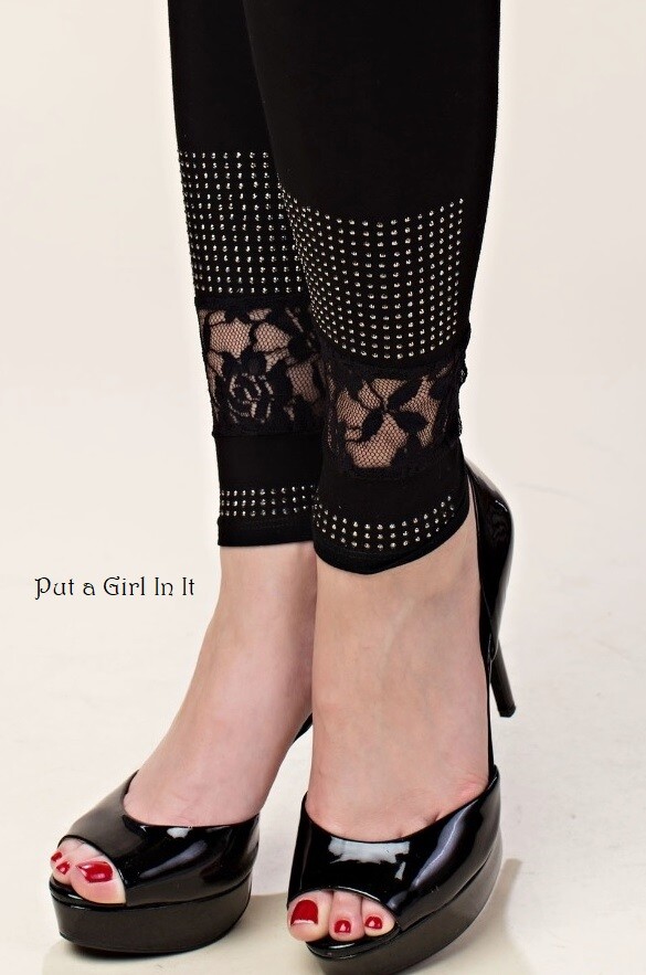 USA New VOCAL Womens CRYSTAL BLING BLACK STONE LACE LEGGINGS S M L XL 1X 2X 3X