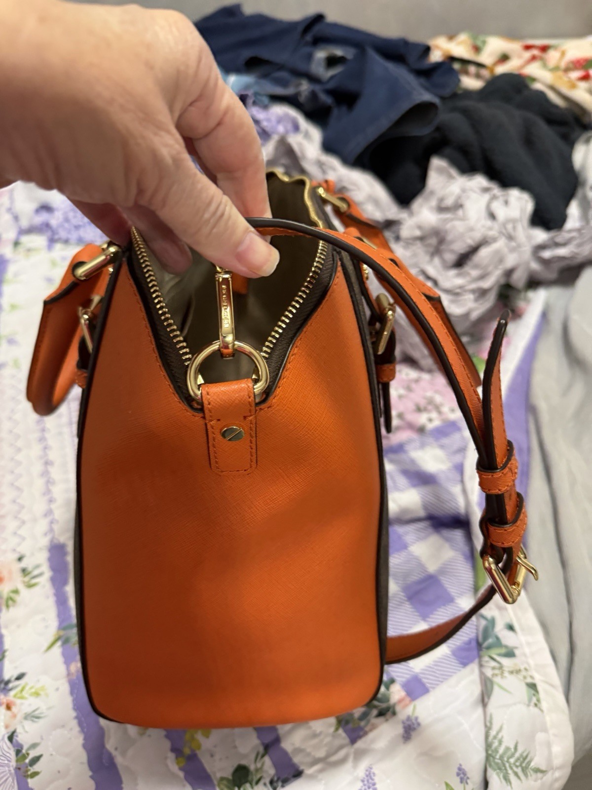 Michael Kors L Logo Satchel Top Handle Brown/Orange Gold Zip, Detachable Strap