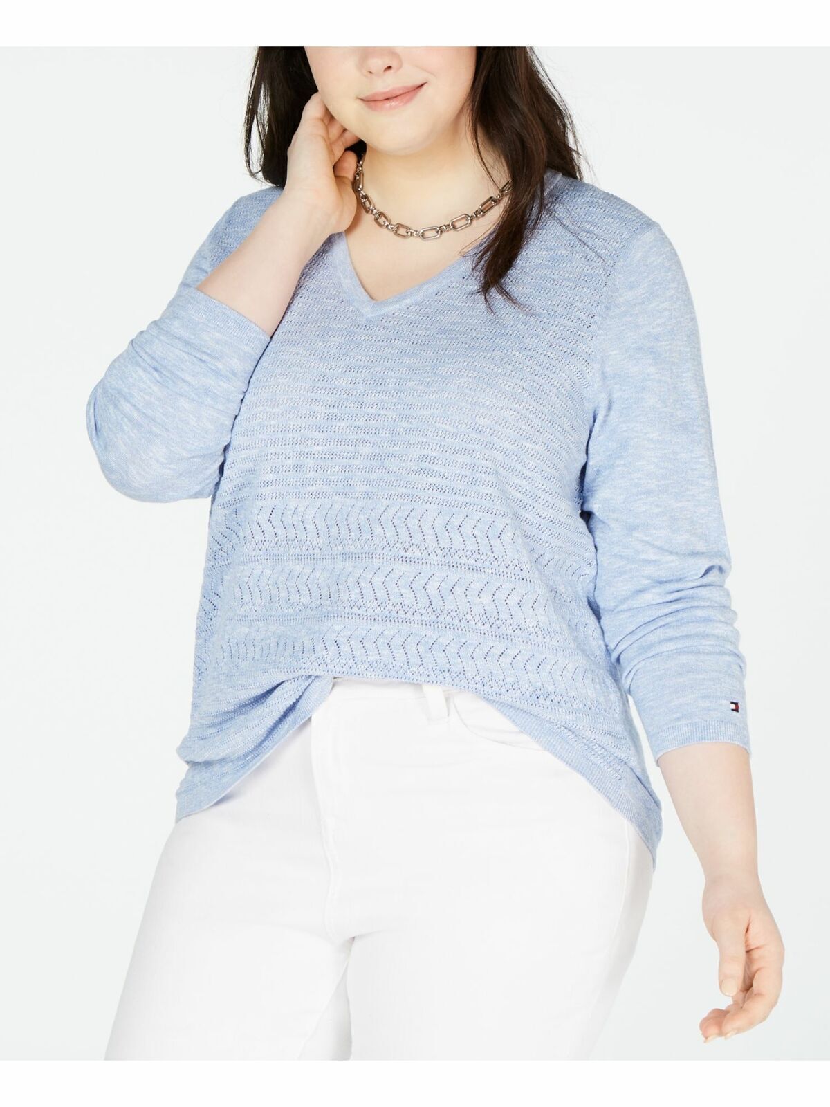 Tommy Hilfiger Sweater Ivy Cotton Pointelle Blue Sz 0X Plus NEW NWT 488
