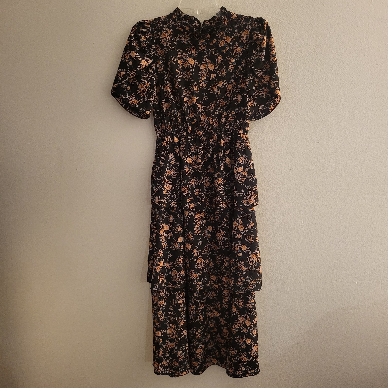 Ditsy black floral Petal Sleeve Layered Midi Dress small Prairie Forest Fairy